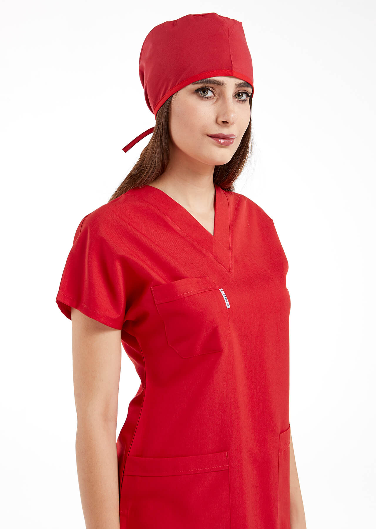 Kırmızı Likralı Kalın Scrubs Doktor Hemşire Forması Takımı