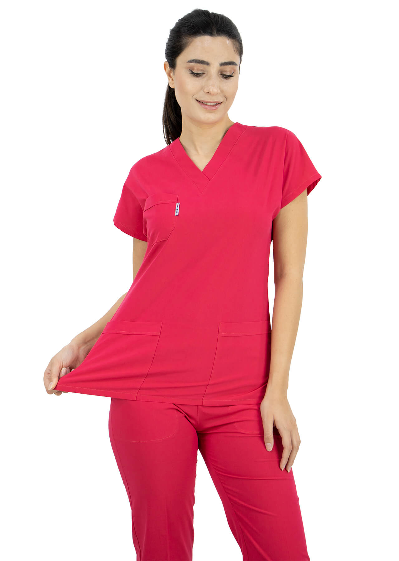 Nar Çiçeği Likralı İnce Scrubs Doktor Hemşire Forması Takımı Nar Çiçeği Likralı İnce Scrubs Doktor Hemşire Forması Takımı