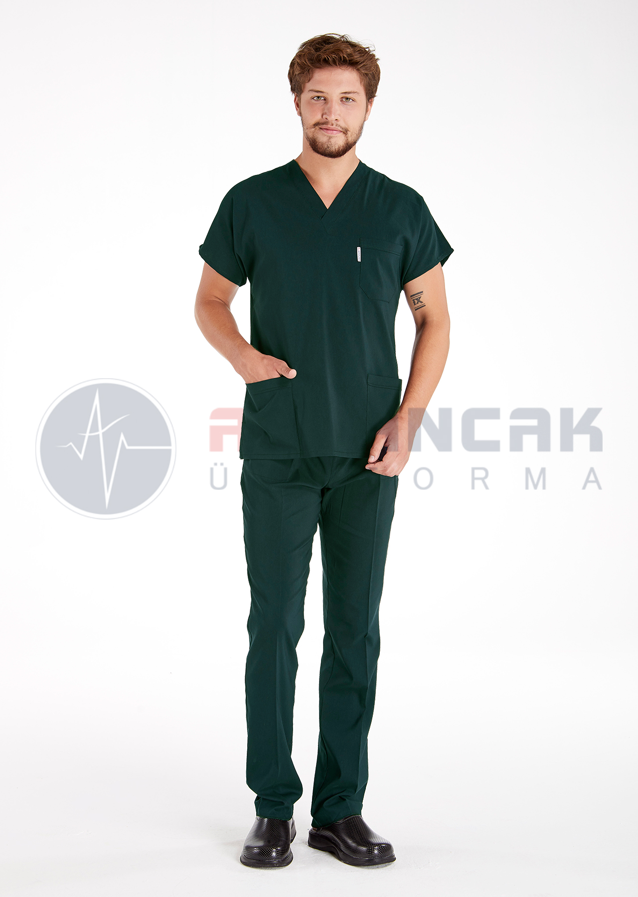 Scrubs Flex® Erkek Ördekbaşı Yeşili Likralı İnce Kumaş Doktor ve Hemşire Forması