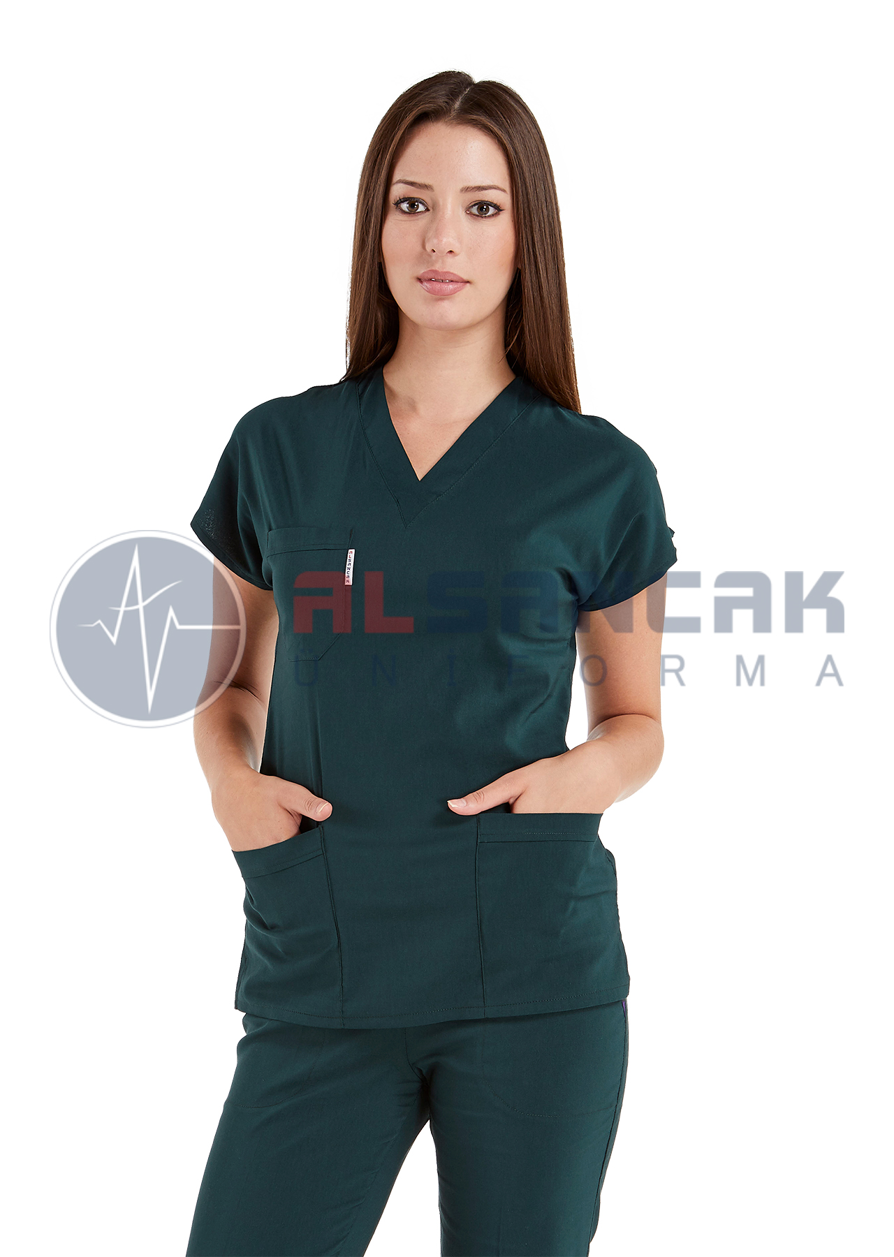 Scrubs Flex® Ördekbaşı Yeşili Likralı İnce Doktor ve Hemşire Forması