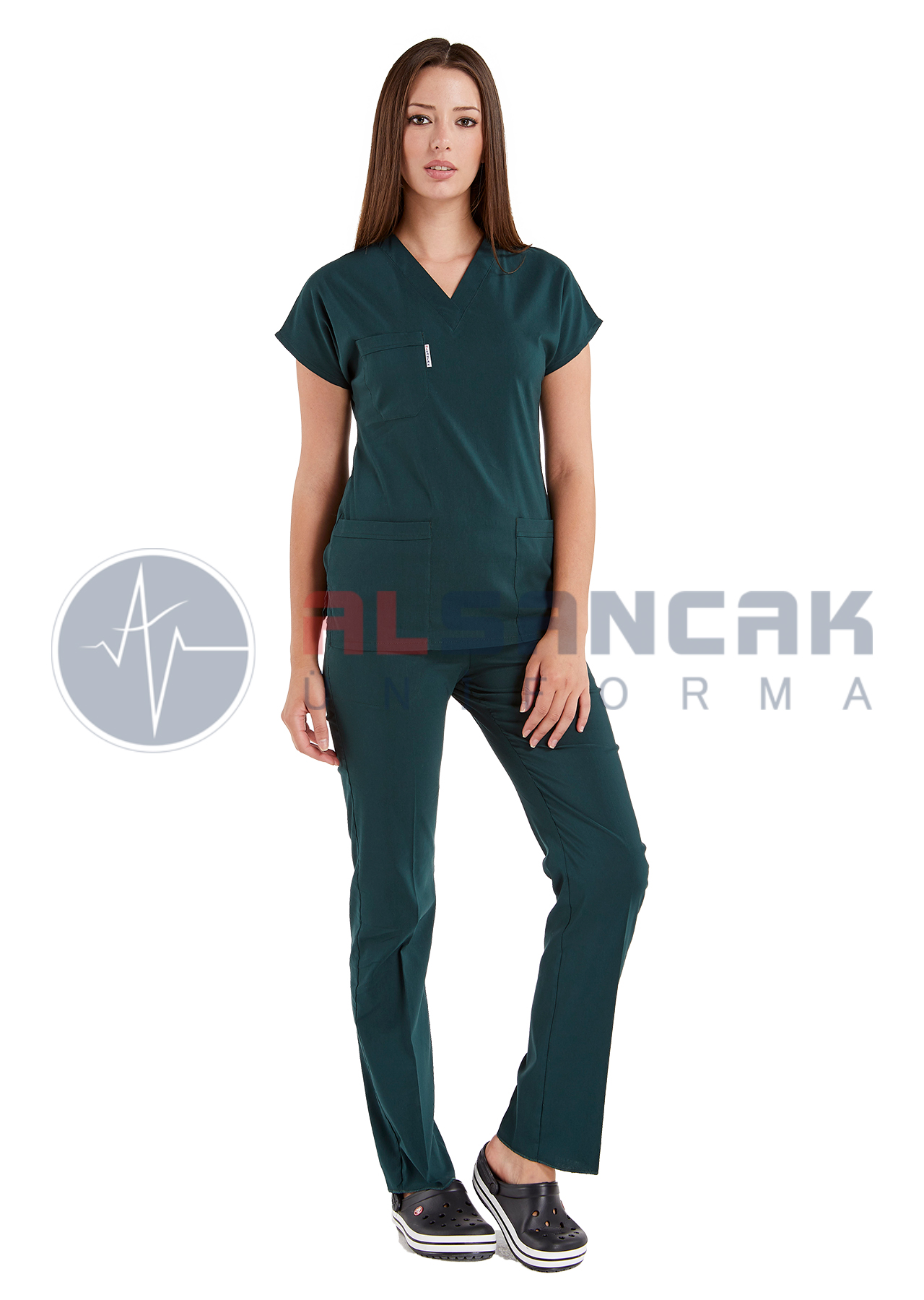Scrubs Flex® Ördekbaşı Yeşili Likralı İnce Doktor ve Hemşire Forması