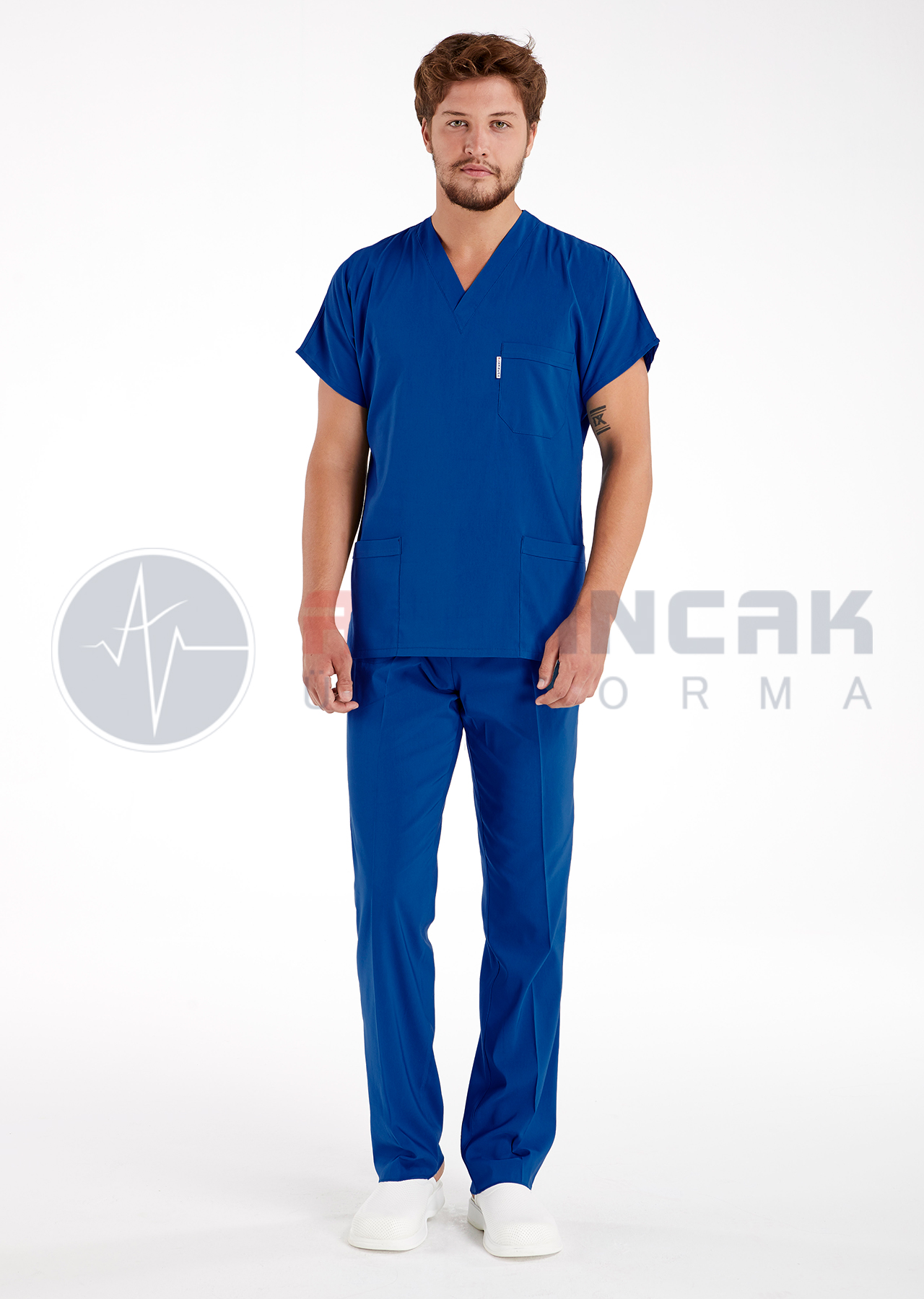 Scrubs Flex® Erkek Saks Mavi Likralı Terikoton Doktor ve Hemşire Forması