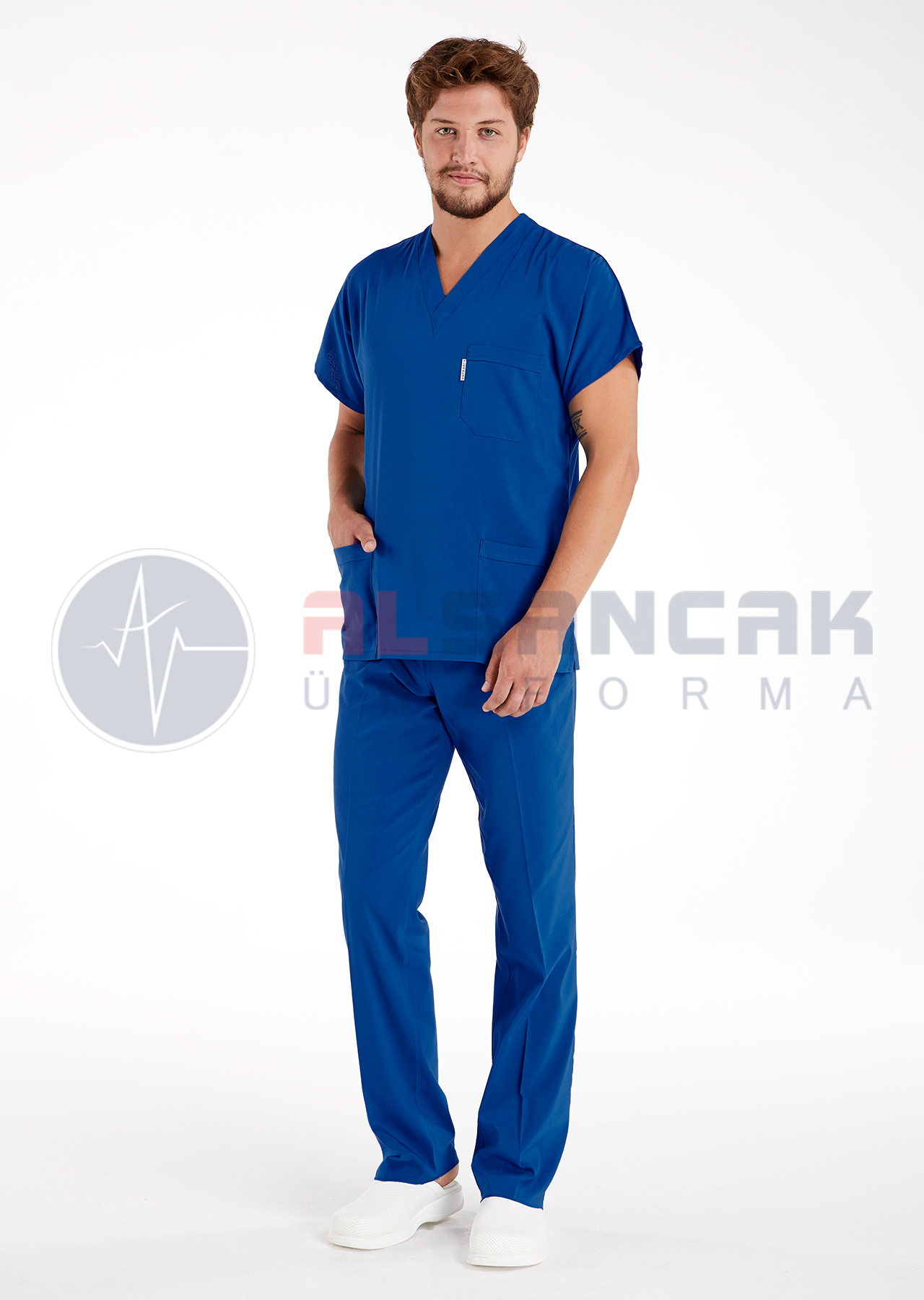Scrubs Flex® Erkek Saks Mavi Likralı Terikoton Doktor ve Hemşire Forması