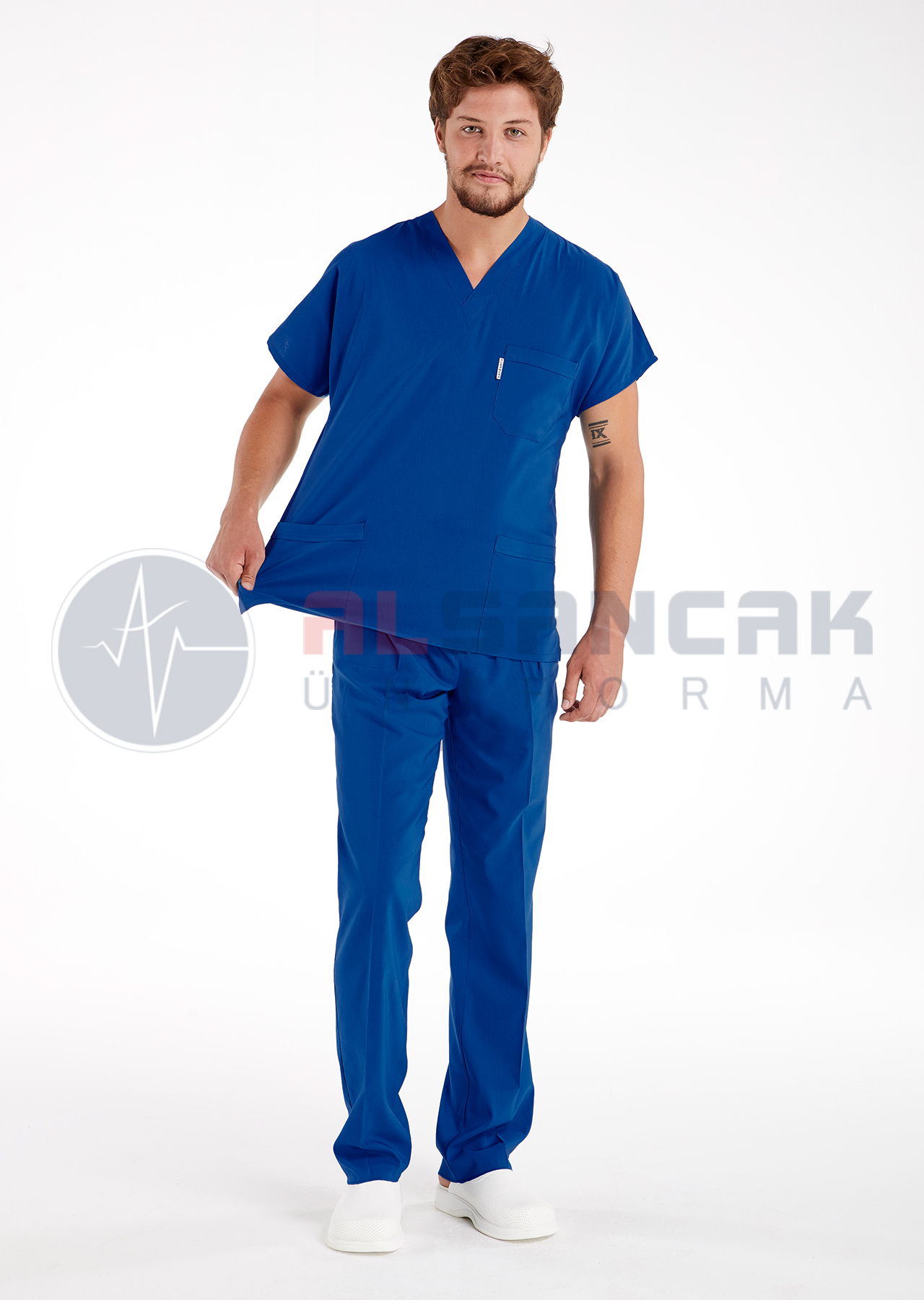 Scrubs Flex® Erkek Saks Mavi Likralı İnce Kumaş Doktor ve Hemşire Forması