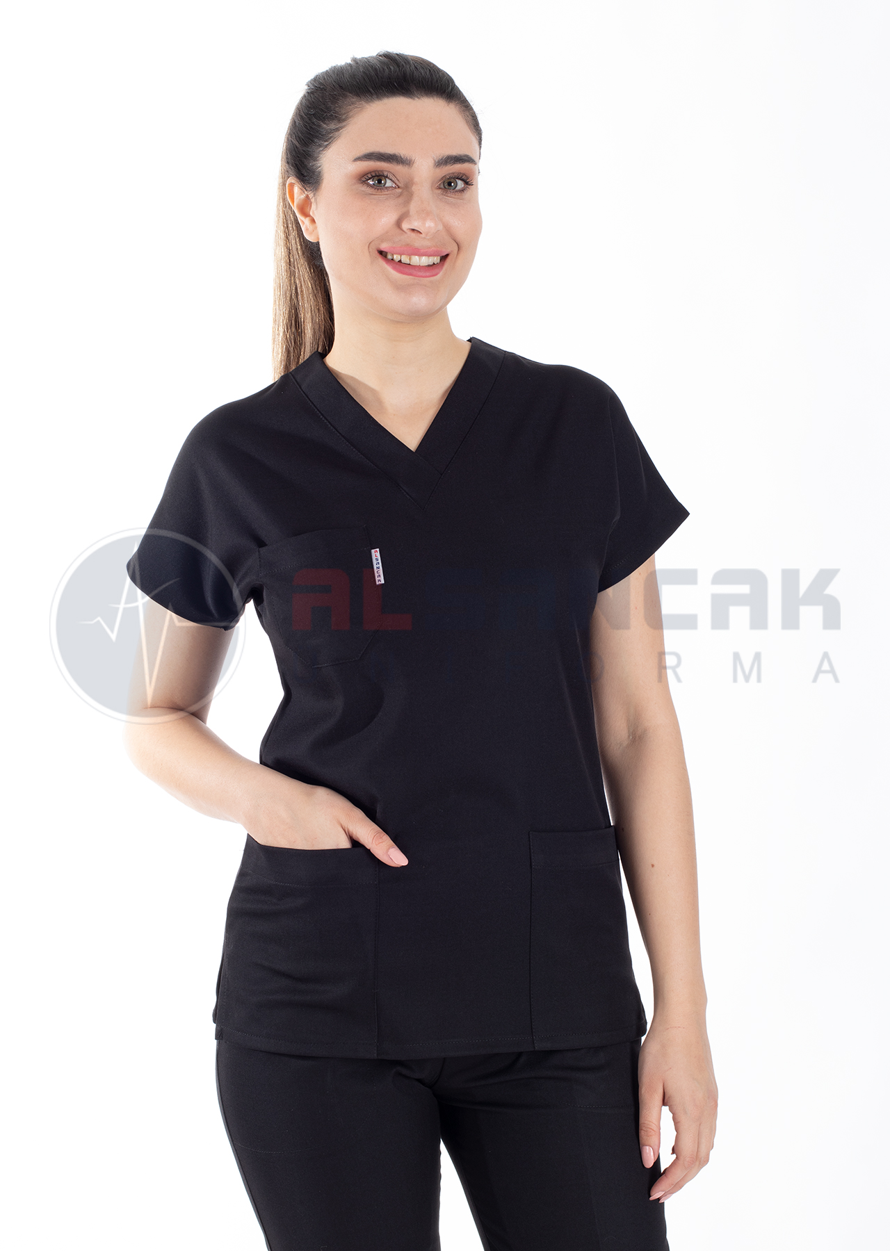 Scrubs Flex® Siyah Likralı Alpaka Doktor ve Hemşire Forması