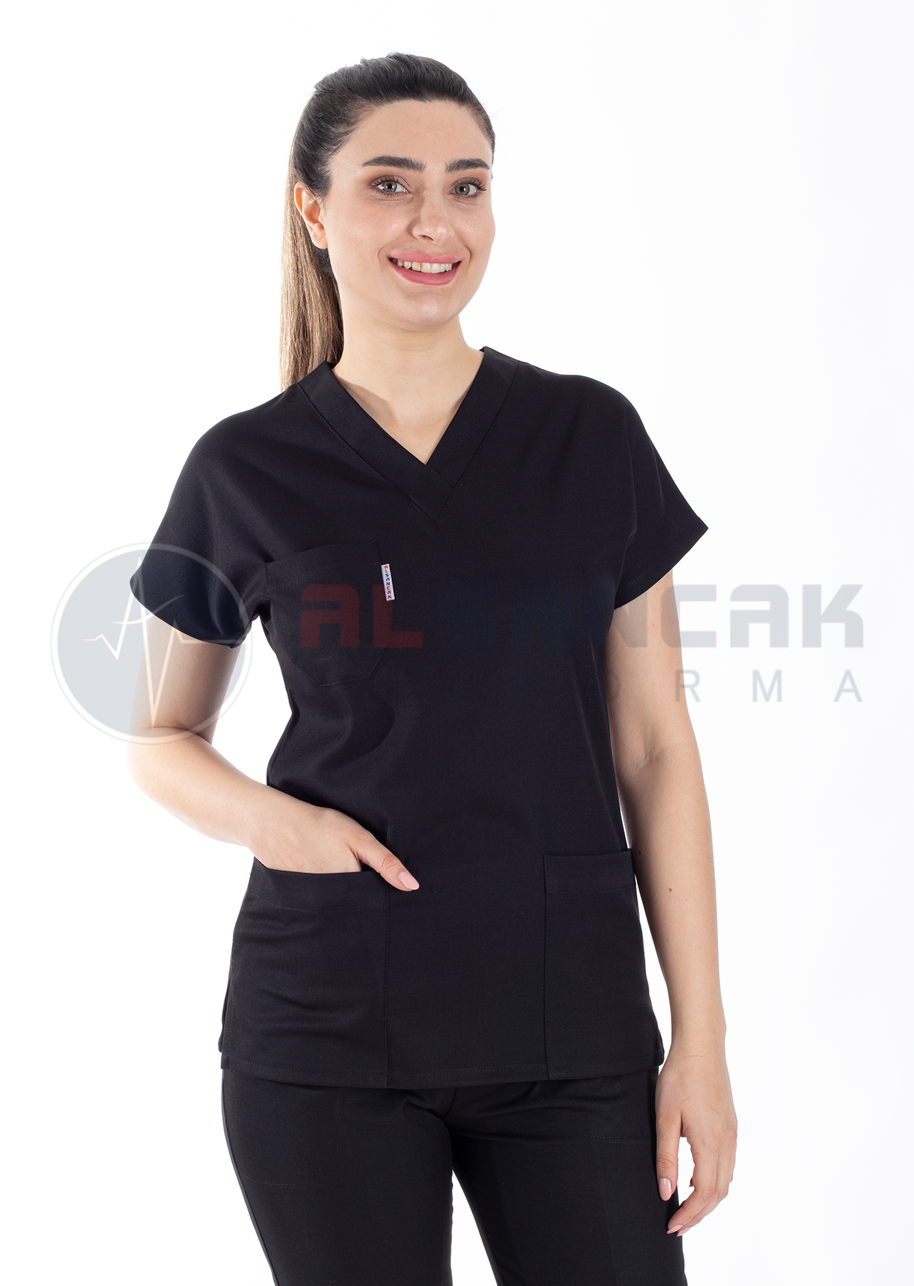 Kadın Siyah Yarasa Kol Alpaka Doktor ve Hemşire Forması Kadın Siyah Yarasa Kol Alpaka Doktor ve Hemşire Forması