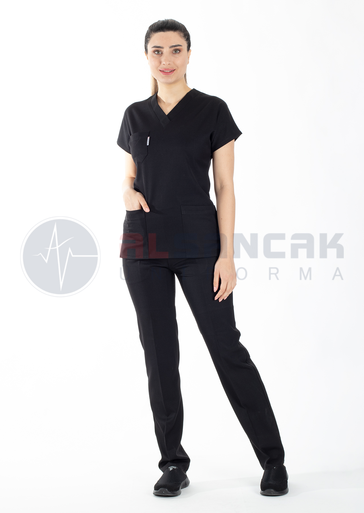 Scrubs Flex® Siyah Likralı Alpaka Doktor ve Hemşire Forması
