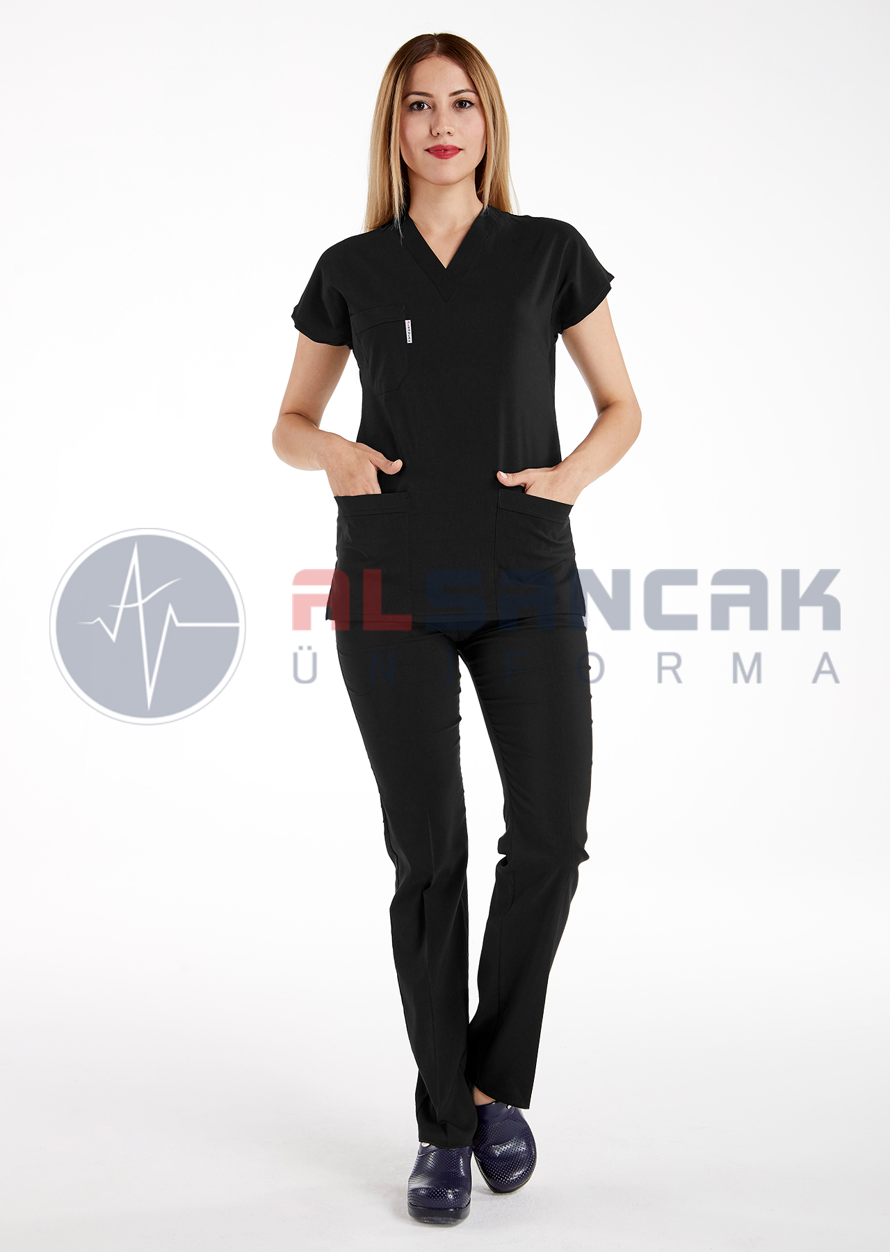 Scrubs Flex® Siyah Soft Likralı İnce Hemşire Doktor Forması Üstü