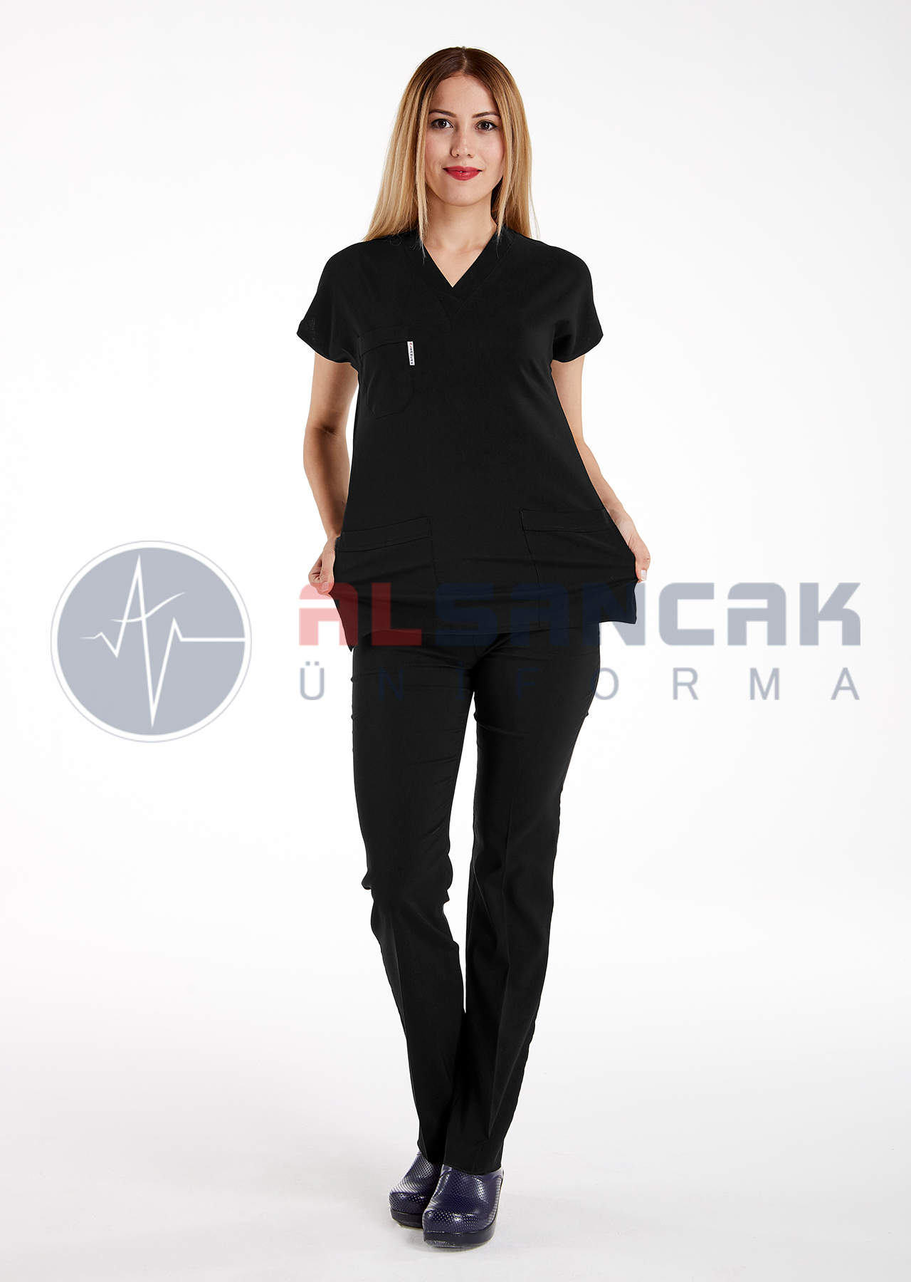 Scrubs Flex® Siyah Soft Likralı İnce Hemşire Doktor Forması Üstü
