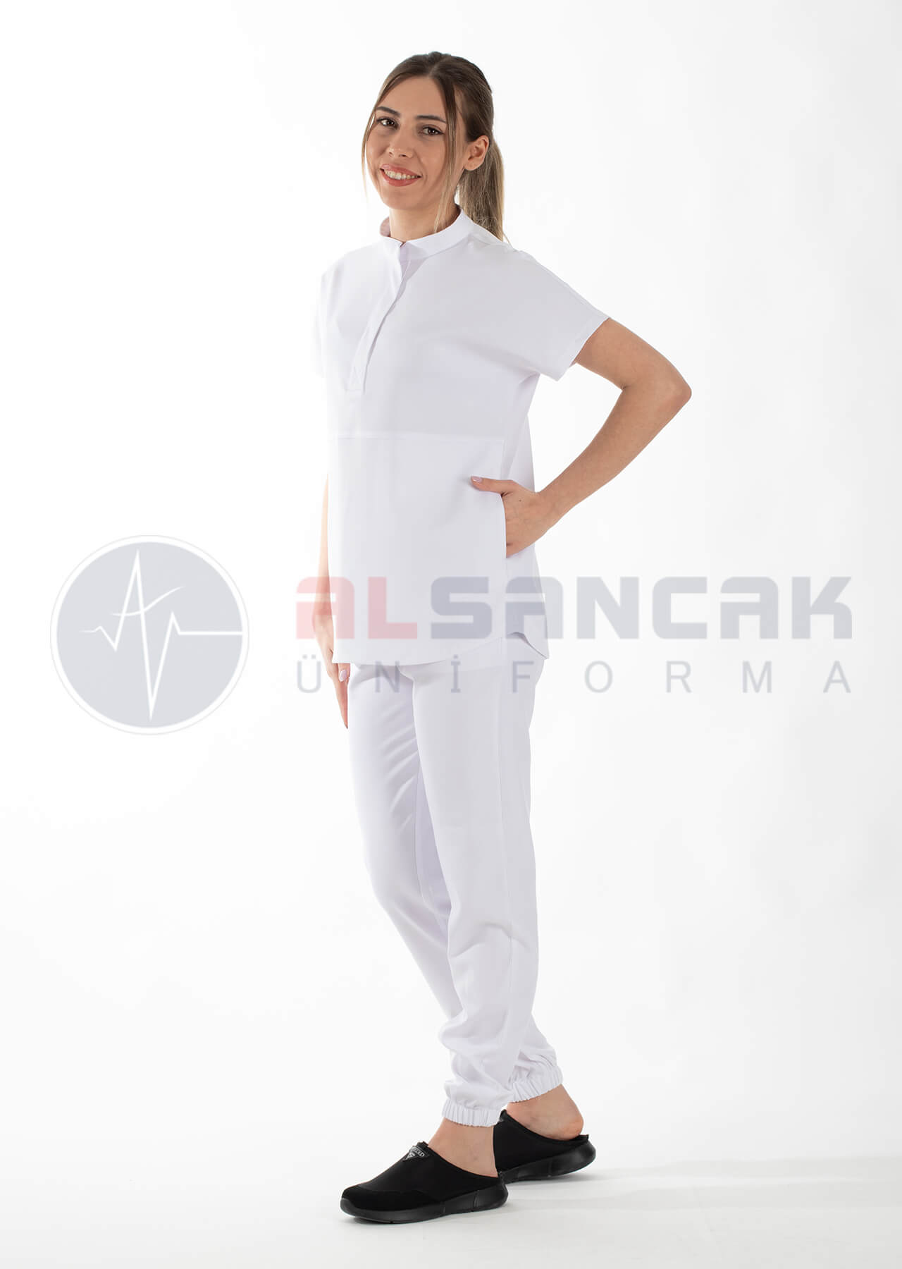 Snap Model Likralı Beyaz Doktor ve Hemşire Forması Takımı