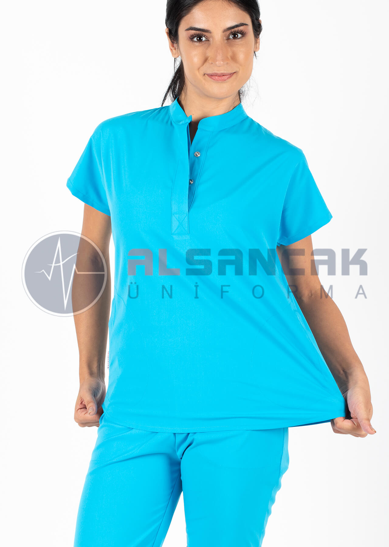 Snap Model Likralı Turkuaz Doktor ve Hemşire Forması Takımı Snap Model Likralı Turkuaz Doktor ve Hemşire Forması Takımı