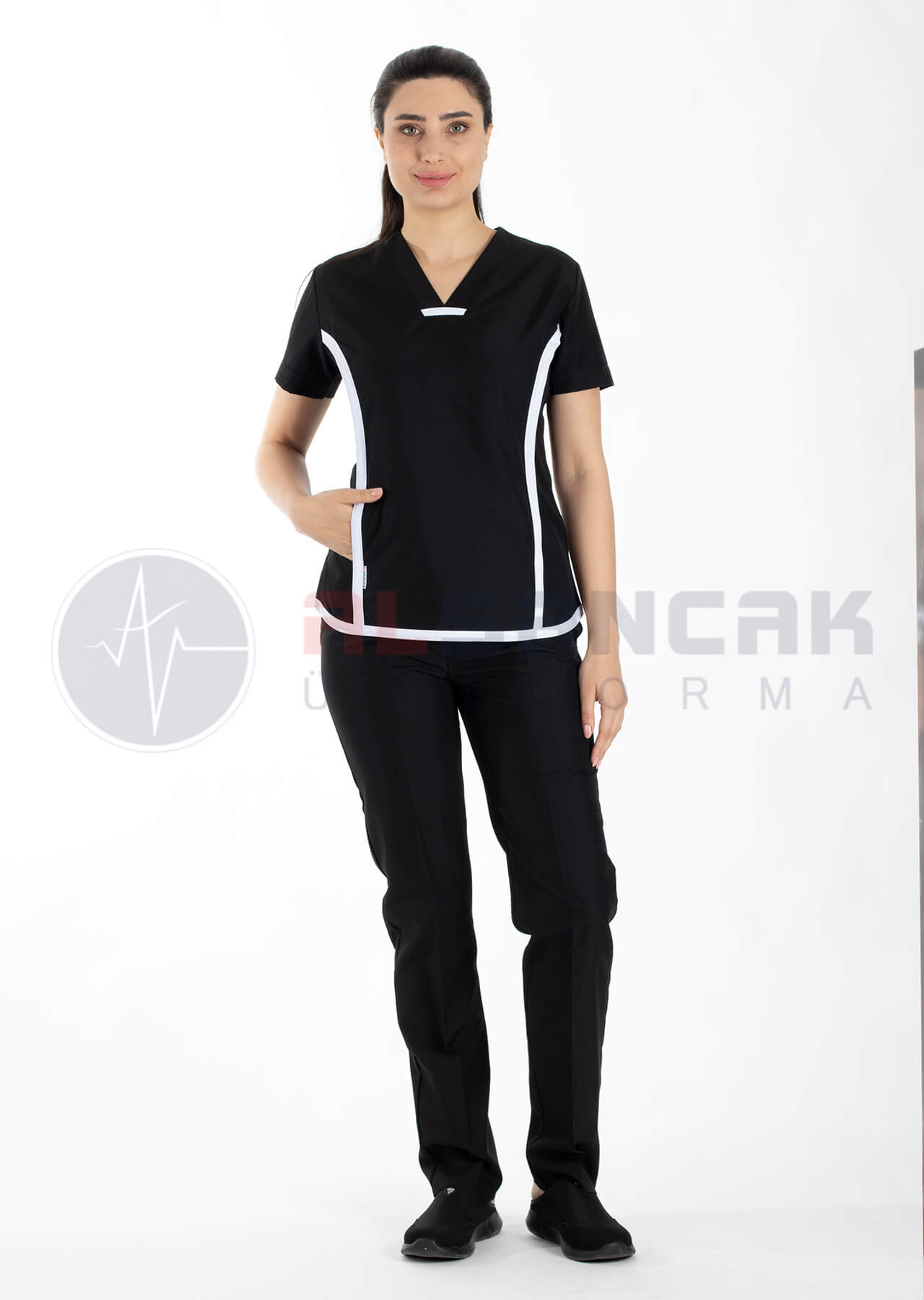 Siyah Sports Modeli Soft Likralı İnce Doktor ve Hemşire Forması