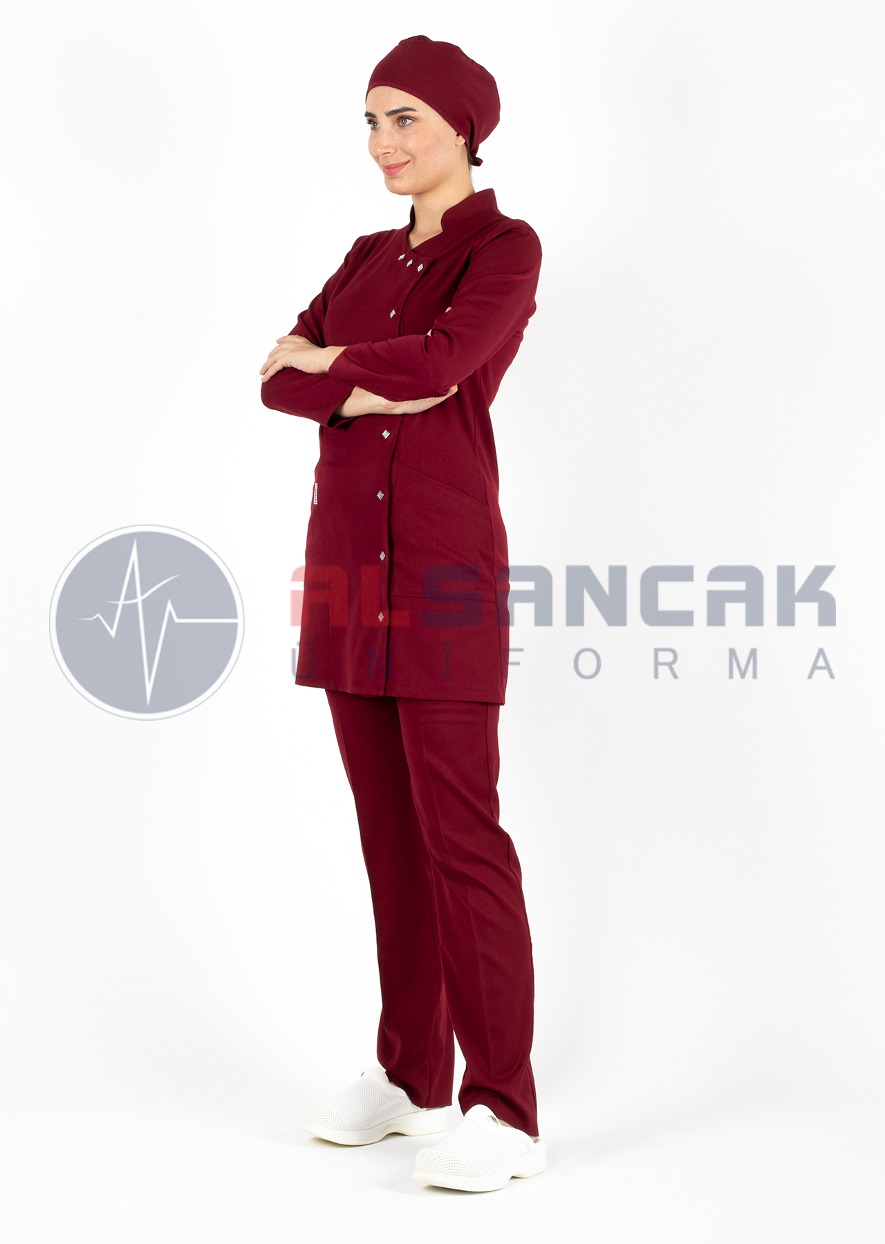 Luxe Model Bordo Likralı Tesettür Hemşire Doktor Forması Takımı