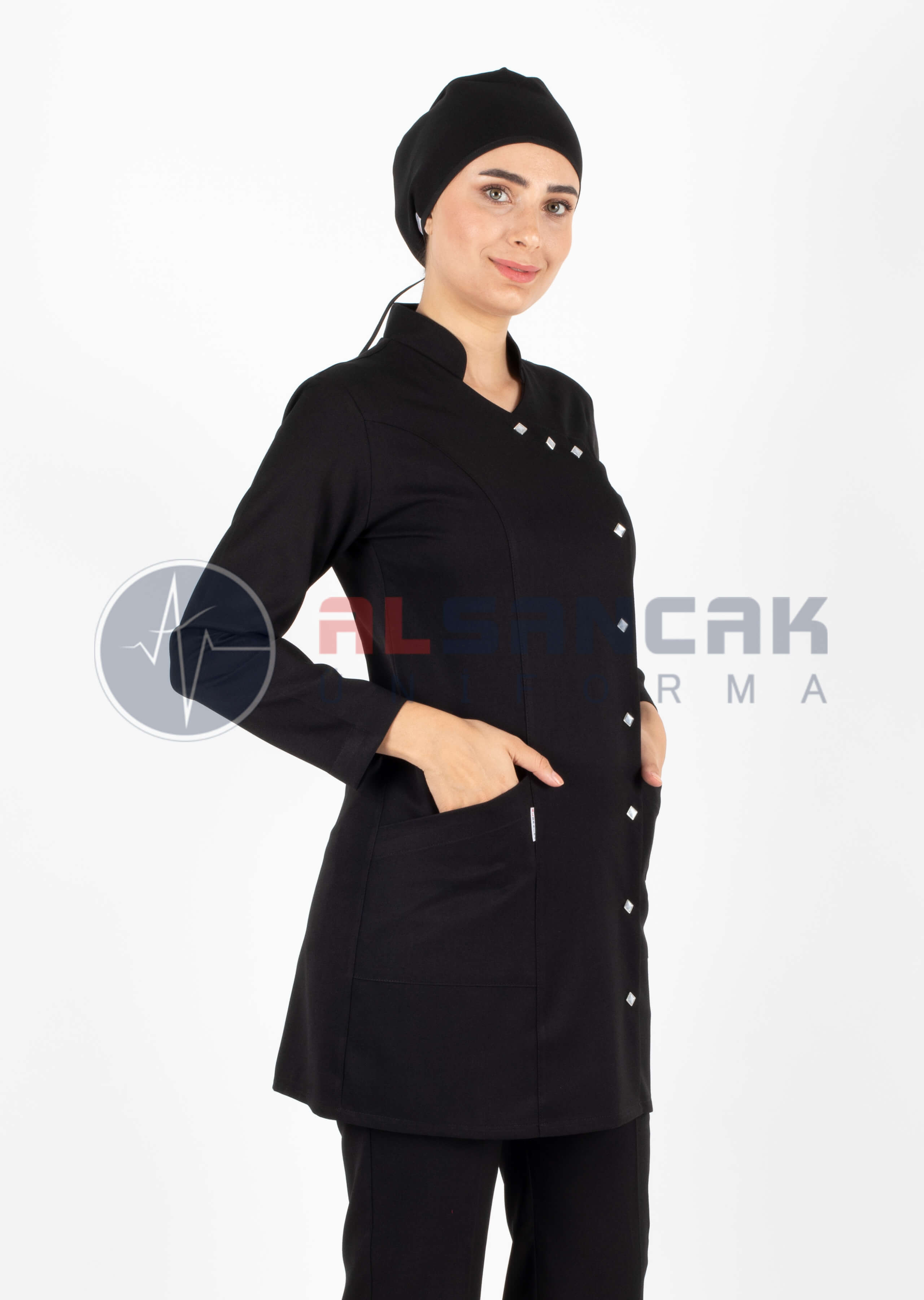 Luxe Model Siyah Likralı Tesettür Hemşire Doktor Forması Takımı