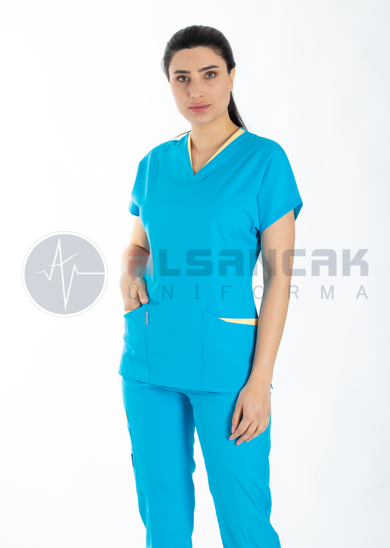 Kadın Likralı Kamu Hastaneleri Hemşire Forması - Twin Model Turkuaz