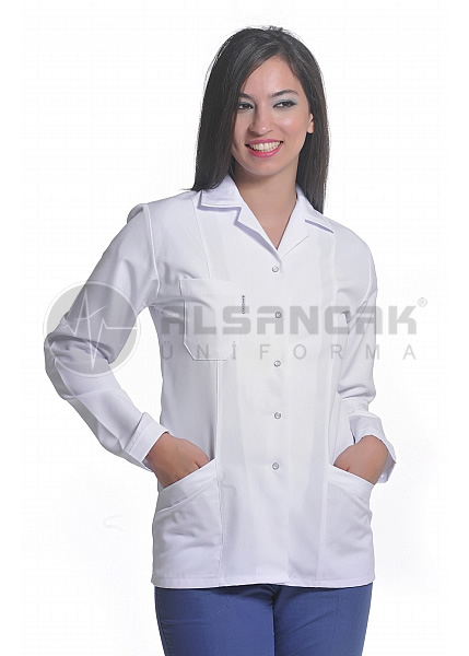 Kadın Spor Yaka Alpaka Kumaş Uzun Kollu Beyaz Doktor Ceketleri (fit kesim)