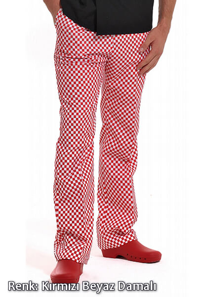 Kırmızı/Beyaz Damalı Alpaka Kumaş Beli Lastikli Aşçı Pantolonu