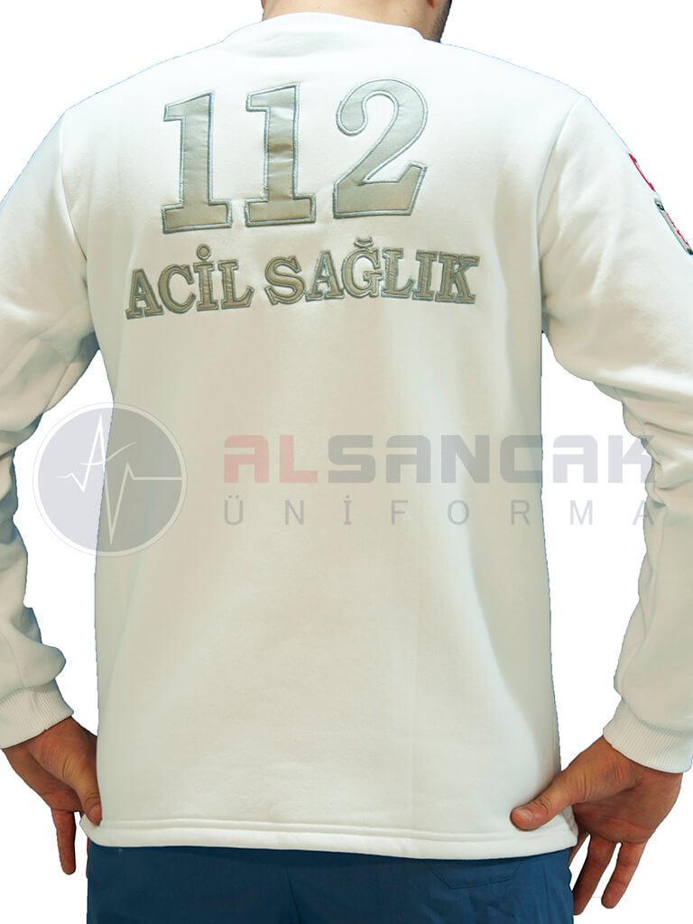 Erkek 112 Acil ATT Reflektör Nakışlı Beyaz Uzun Kollu Sweat