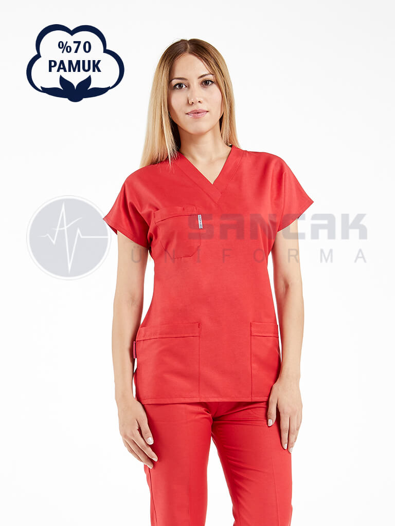 Kırmızı Pamuklu Scrubs Doktor ve Hemşire Forması