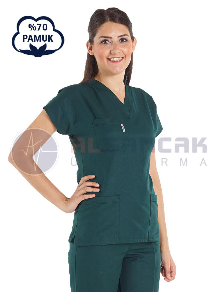 Ördekbaşı Yeşili Pamuklu Scrubs Doktor ve Hemşire Forması
