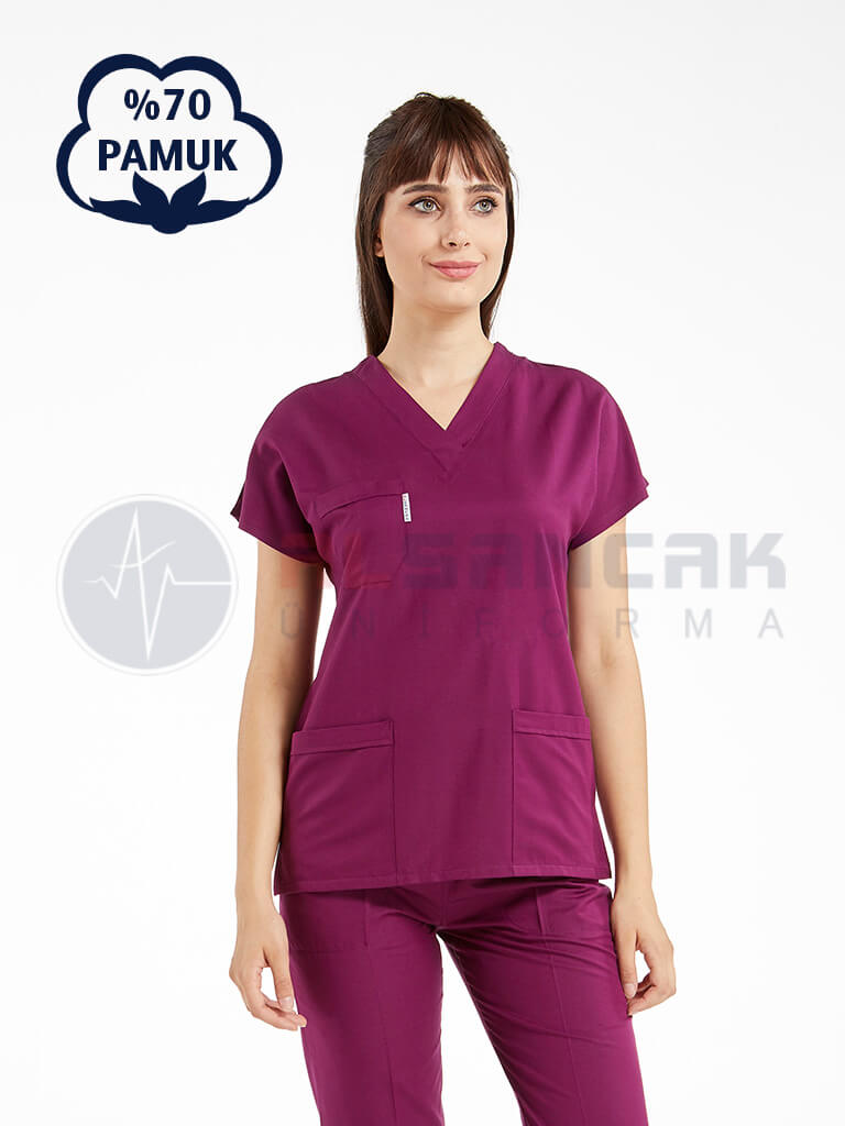 Patlıcan Moru Pamuklu Scrubs Doktor ve Hemşire Forması Patlıcan Moru Pamuklu Scrubs Doktor ve Hemşire Forması