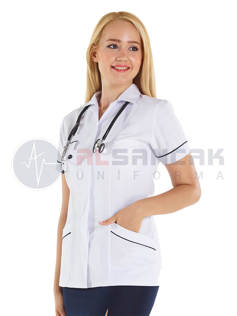Kadın Lüks Spor Yaka Lacivert Biyeli Beyaz Doktor Ceketi Kadın Lüks Spor Yaka Lacivert Biyeli Beyaz Doktor Ceketi