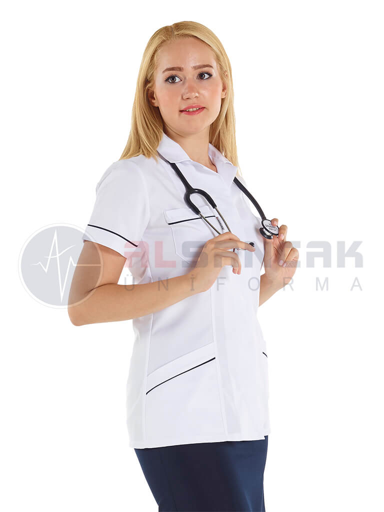 Kadın Lüks Spor Yaka Lacivert Biyeli Beyaz Doktor Ceketi