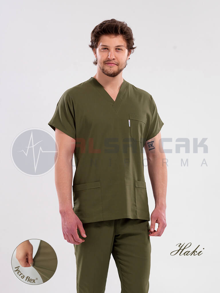 Scrubs Flex® Erkek Haki Likralı Terikoton Doktor ve Hemşire Forması