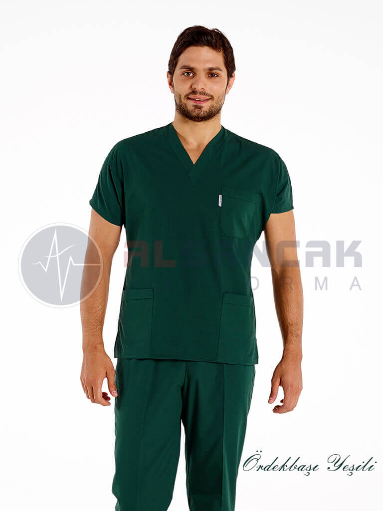 Scrubs Flex® Erkek Ördekbaşı Yeşili Likralı Alpaka Doktor ve Hemşire Forması