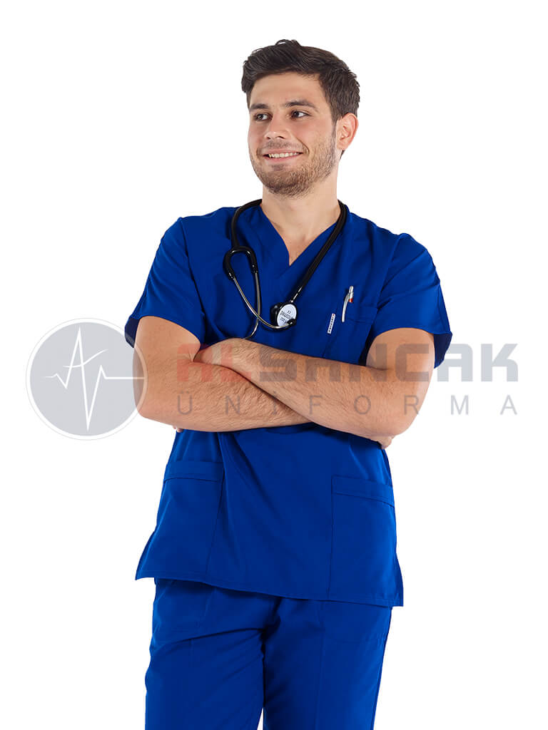 Erkek Saks Mavi Likralı Kalın Scrubs Doktor Forması Takımı Erkek Saks Mavi Likralı Kalın Scrubs Doktor Forması Takımı