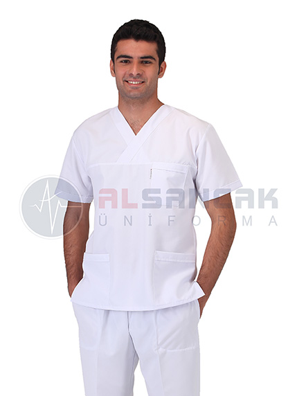 Erkek Basic V Yaka Beyaz Cerrahi Doktor ve Hemşire Forma Üstü
