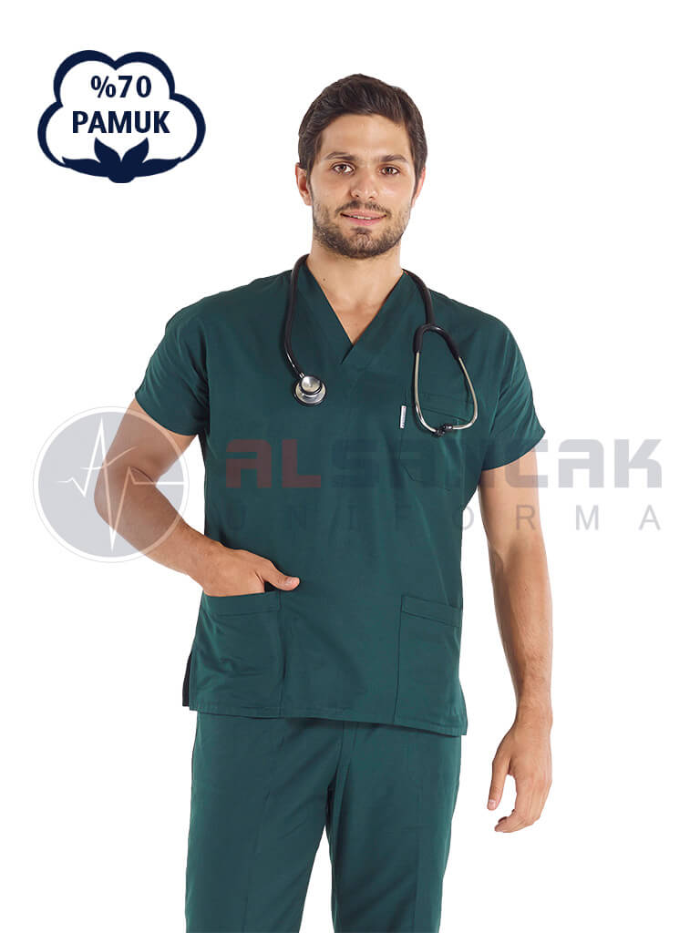 Erkek Ördekbaşı Yeşili Pamuklu Scrubs Doktor ve Hemşire Forması Erkek Ördekbaşı Yeşili Pamuklu Scrubs Doktor ve Hemşire Forması