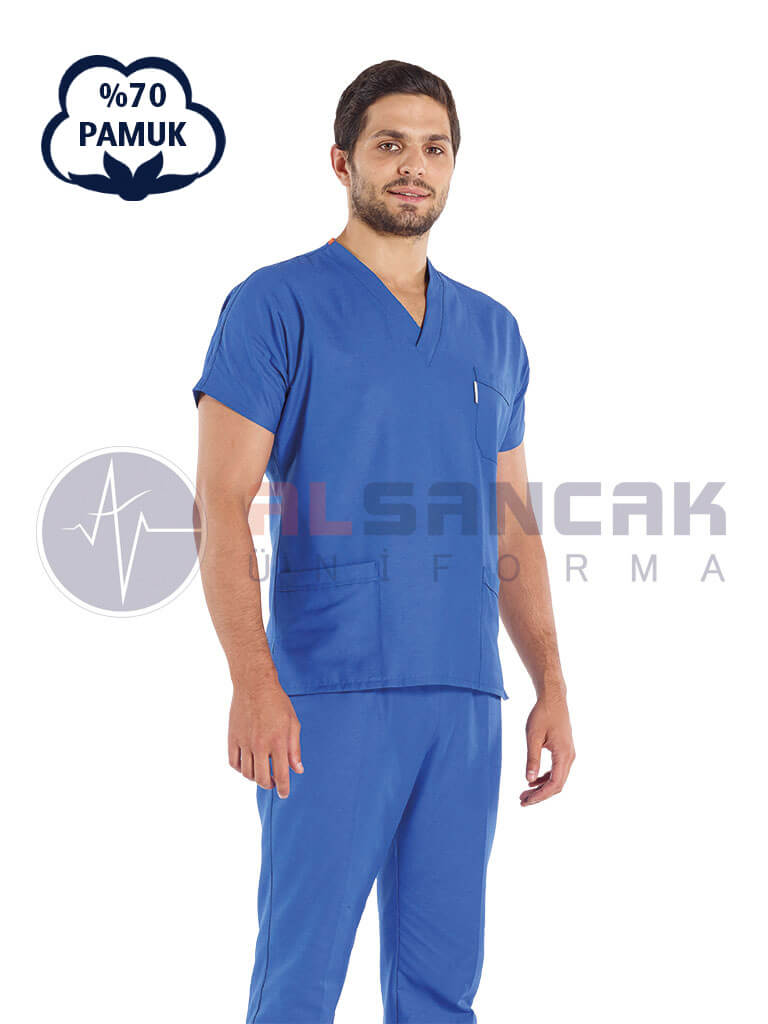 Erkek Saks Mavi Pamuklu Scrubs Doktor ve Hemşire Forması Erkek Saks Mavi Pamuklu Scrubs Doktor ve Hemşire Forması