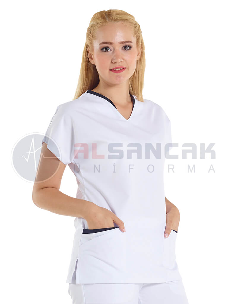 Beyaz üzeri Lacivert Biyeli Twin Modeli Hemşire ve Doktor Forması Üstü Beyaz üzeri Lacivert Biyeli Twin Modeli Hemşire ve Doktor Forması Üstü